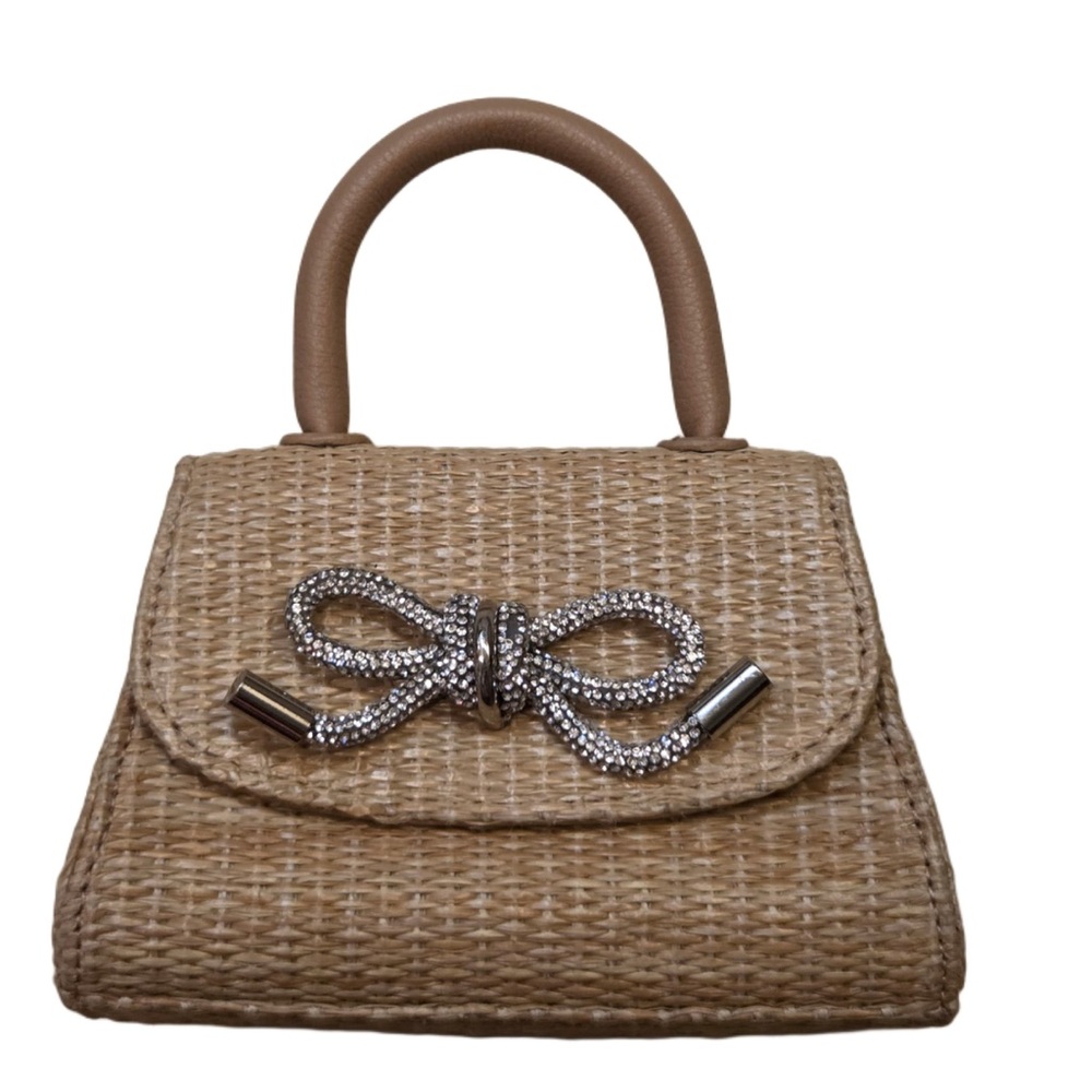 Melie Bianco Tan Woven Mini Bag with Silver Bow